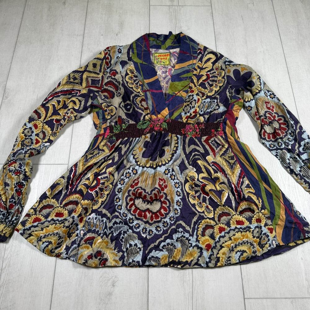Johnny Was Women's Large 100% Silk Empire Waist Blouse Floral Boho Long Sleeve